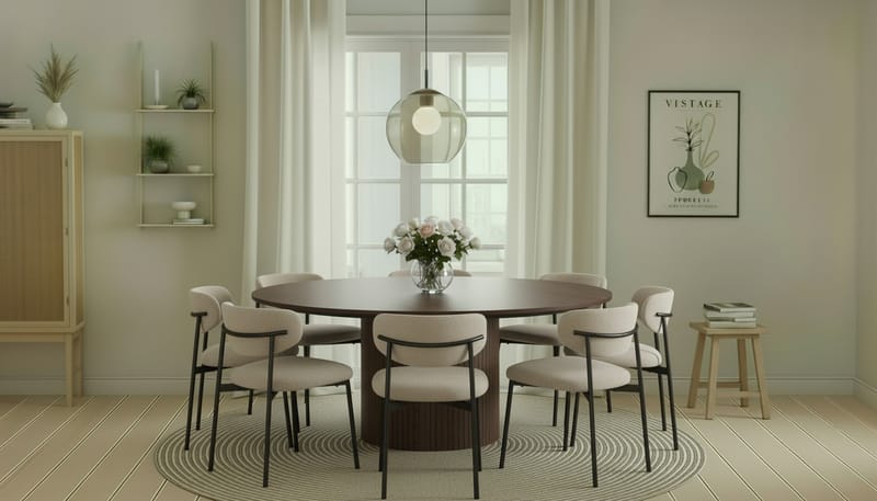 Kopparbo Pyöreä Ruokapöytä 180 cm 8 Lucy Ruokatuolilla - Pähkinä / Valkoinen Bouclé / Metallijalat Musta - Huonekalut - Pöytä & ruokailuryhmä - Ruokailuryhmä