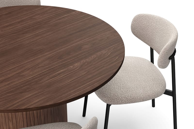 Kopparbo Pyöreä Ruokapöytä 120 cm 6 hengelle 4 Lucy Ruokatuolilla - Tummanruskea / Greige Bouclé / Metallijalat Musta - Huonekalut - Pöytä & ruokailuryhmä - Ruokailuryhmä
