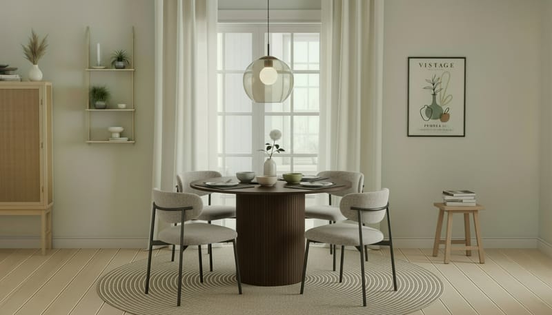 Kopparbo Pyöreä Ruokapöytä 120 cm 4 Lucy Ruokatuolilla - Tummanruskea / Greige Bouclé / Metallijalat Musta - Huonekalut - Pöytä & ruokailuryhmä - Ruokailuryhmä