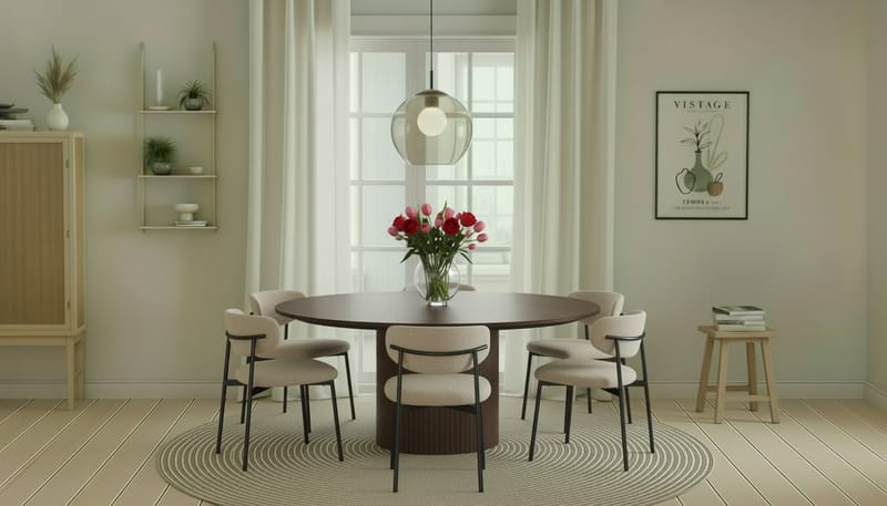 Kopparbo Pyöreä Ruokapöytä 180 cm 6 Lucy Ruokatuolilla - Pähkinä / Greige Bouclé / Metallijalat Musta - Huonekalut - Pöytä & ruokailuryhmä - Ruokailuryhmä