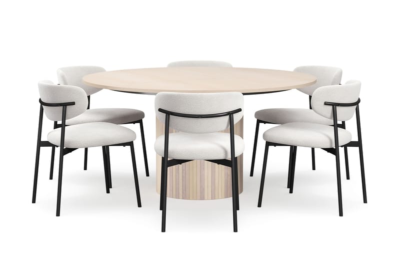 Kopparbo Pyöreä Ruokapöytä 150 cm 6 Lucy Ruokatuolilla, Valkoinen / Valkoinen Bouclé / Metallijalat Musta