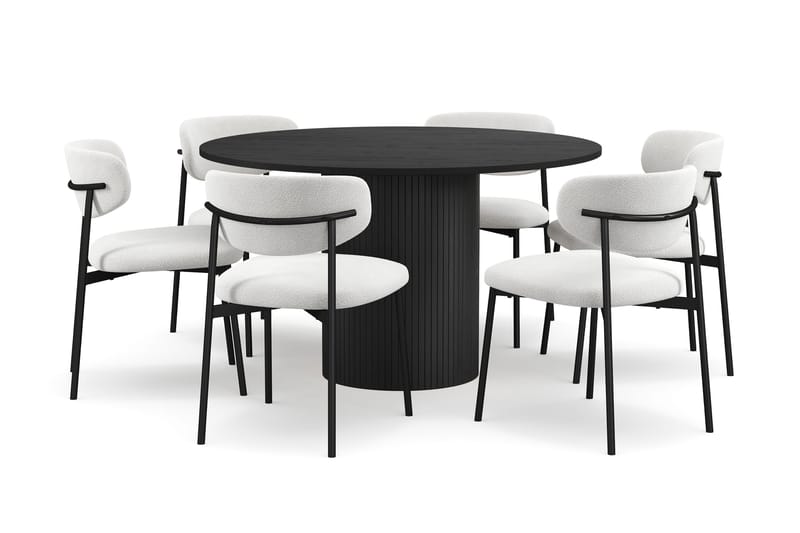 Kopparbo Pyöreä Ruokapöytä 130 cm 6 Lucy Ruokatuolilla, Mustapuu / Valkoinen Bouclé / Metallijalat Musta