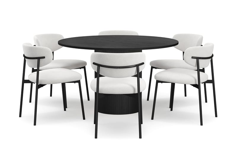 Kopparbo Pyöreä Ruokapöytä 130 cm 6 Lucy Ruokatuolilla - Mustapuu / Valkoinen Bouclé / Metallijalat Musta - Huonekalut - Pöyt�ä & ruokailuryhmä - Ruokailuryhmä