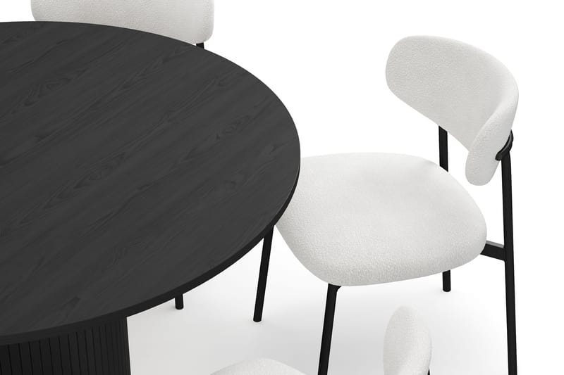 Kopparbo Pyöreä Ruokapöytä 130 cm 6 Lucy Ruokatuolilla - Mustapuu / Valkoinen Bouclé / Metallijalat Musta - Huonekalut - Pöytä & ruokailuryhmä - Ruokailuryhmä