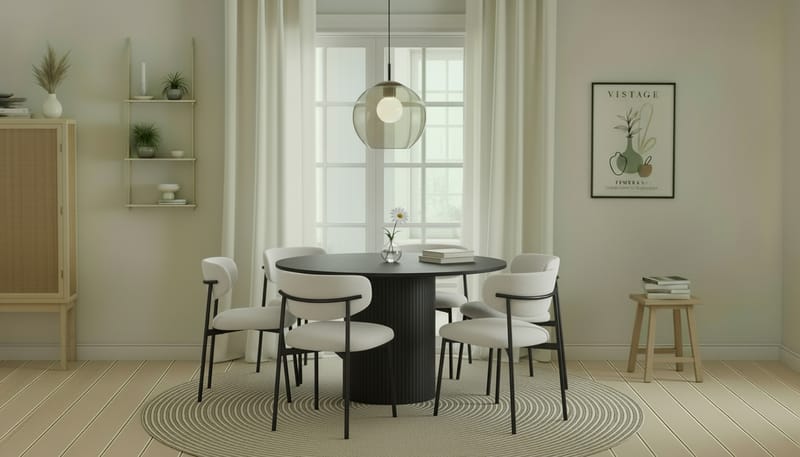 Kopparbo Pyöreä Ruokapöytä 130 cm 6 Lucy Ruokatuolilla - Mustapuu / Valkoinen Bouclé / Metallijalat Musta - Huonekalut - Pöytä & ruokailuryhmä - Ruokailuryhmä