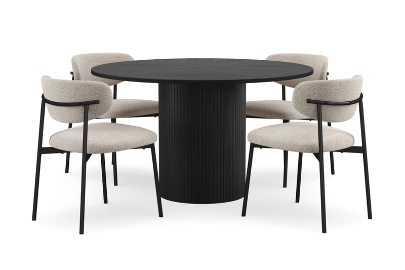 Kopparbo Pyöreä Ruokapöytä 130 cm 4 Lucy Ruokatuolilla, Mustapuu / Greige Bouclé / Metallijalat Musta