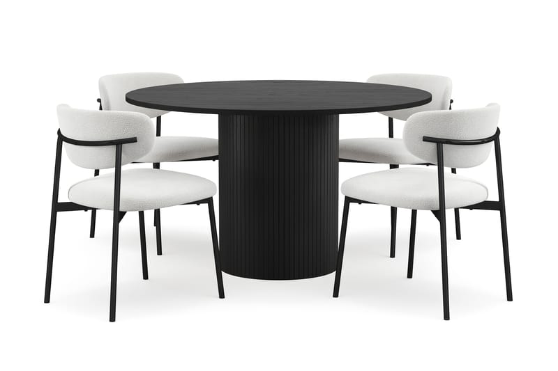 Kopparbo Pyöreä Ruokapöytä 130 cm 4 Lucy Ruokatuolilla, Mustapuu / Valkoinen Bouclé / Metallijalat Musta