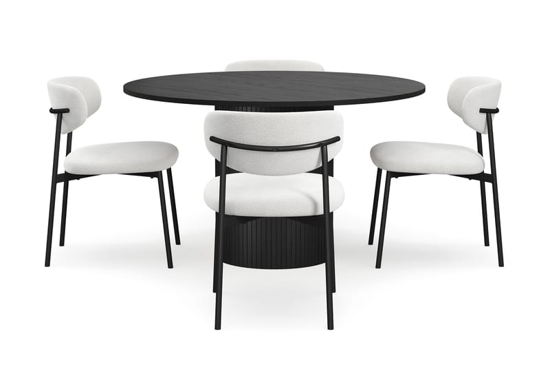 Kopparbo Pyöreä Ruokapöytä 130 cm 4 Lucy Ruokatuolilla - Mustapuu / Valkoinen Bouclé / Metallijalat Musta - Huonekalut - Pöytä & ruokailuryhmä - Ruokailuryhmä