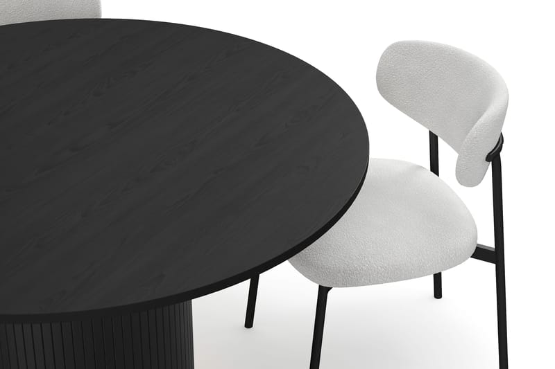 Kopparbo Pyöreä Ruokapöytä 130 cm 4 Lucy Ruokatuolilla - Mustapuu / Valkoinen Bouclé / Metallijalat Musta - Huonekalut - Pöyt�ä & ruokailuryhmä - Ruokailuryhmä
