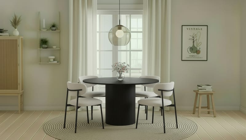 Kopparbo Pyöreä Ruokapöytä 130 cm 4 Lucy Ruokatuolilla - Mustapuu / Valkoinen Bouclé / Metallijalat Musta - Huonekalut - Pöytä & ruokailuryhmä - Ruokailuryhmä