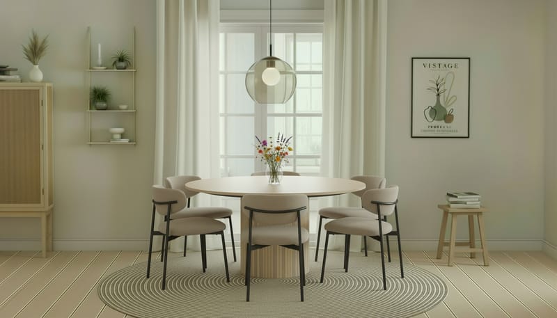 Kopparbo Pyöreä Ruokapöytä 150 cm 6 Lucy Ruokatuolilla - Valkoinen / Greige Bouclé / Metallijalat Musta - Huonekalut - Pöytä & ruokailuryhmä - Ruokailuryhmä