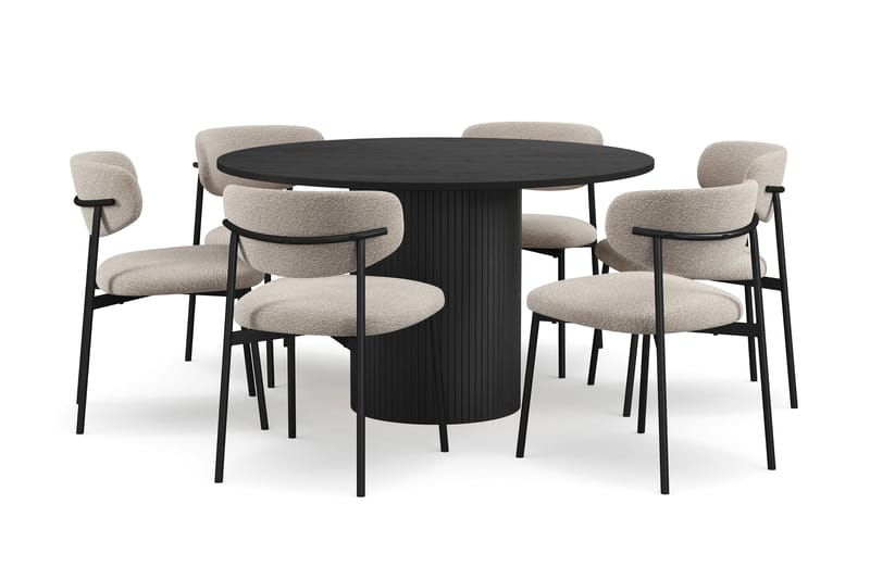 Kopparbo Pyöreä Ruokapöytä 130 cm 6 Lucy Ruokatuolilla, Mustapuu / Greige Bouclé / Metallijalat Musta