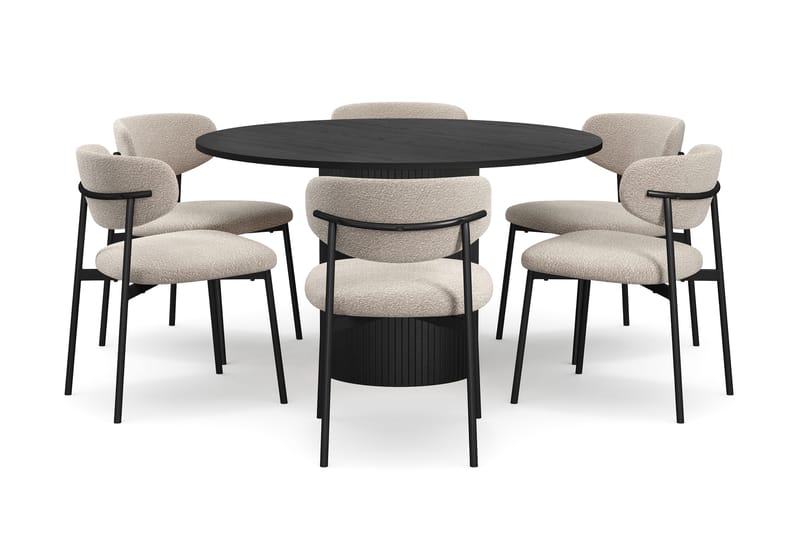 Kopparbo Pyöreä Ruokapöytä 130 cm 6 Lucy Ruokatuolilla - Mustapuu / Greige Bouclé / Metallijalat Musta - Huonekalut - Pöytä & ruokailuryhmä - Ruokailuryhmä