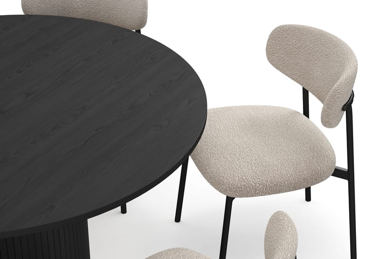 Kopparbo Pyöreä Ruokapöytä 130 cm 6 Lucy Ruokatuolilla - Mustapuu / Greige Bouclé / Metallijalat Musta - Huonekalut - Pöytä & ruokailuryhmä - Ruokailuryhmä