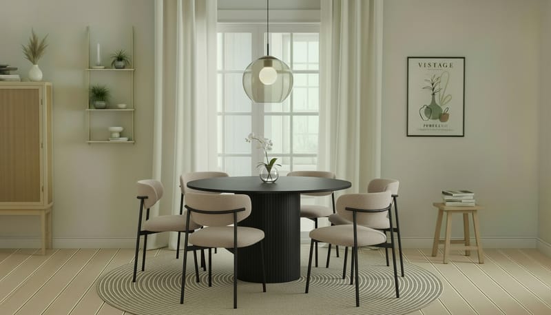 Kopparbo Pyöreä Ruokapöytä 130 cm 6 Lucy Ruokatuolilla - Mustapuu / Greige Bouclé / Metallijalat Musta - Huonekalut - Pöytä & ruokailuryhmä - Ruokailuryhmä