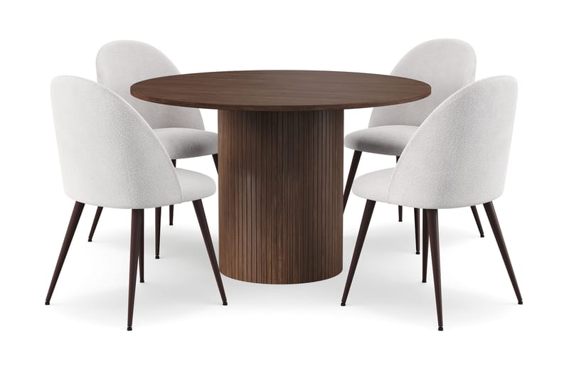 Kopparbo Pyöreä Ruokapöytä 120 cm 6 hengelle 4 Nibe Plus Ruokatuolilla, Tummanruskea / Valkoinen Bouclé / Metallijalat Pähkinä