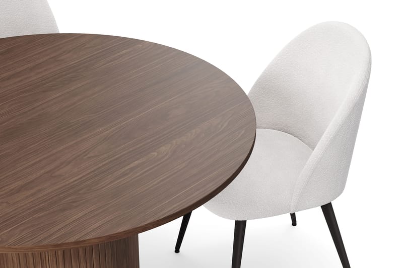 Kopparbo Pyöreä Ruokapöytä 120 cm 6 hengelle 4 Nibe Plus Ruokatuolilla - Tummanruskea / Valkoinen Bouclé / Metallijalat Pähkinä - Huonekalut - Pöytä & ruokailuryhmä - Ruokailuryhmä