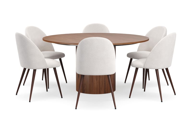 Kopparbo Pyöreä Ruokapöytä 150 cm 6 Nibe Plus Ruokatuolilla - Pähkinä / Valkoinen Bouclé / Metallijalat Pähkinä - Huonekalut - Pöytä & ruokailuryhmä - Ruokailuryhmä