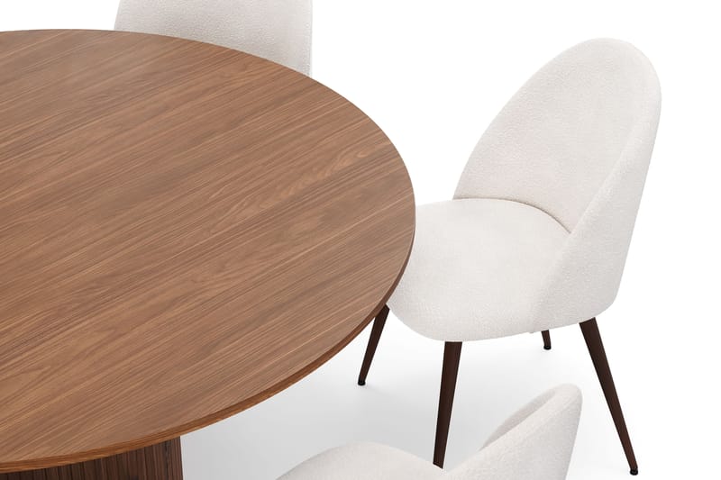 Kopparbo Pyöreä Ruokapöytä 150 cm 6 Nibe Plus Ruokatuolilla - Pähkinä / Valkoinen Bouclé / Metallijalat Pähkinä - Huonekalut - Pöytä & ruokailuryhmä - Ruokailuryhmä