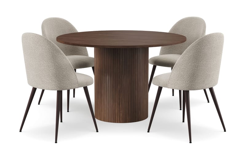 Kopparbo Pyöreä Ruokapöytä 120 cm 6 hengelle 4 Nibe Plus Ruokatuolilla, Tummanruskea / Greige Bouclé / Metallijalat Pähkinä