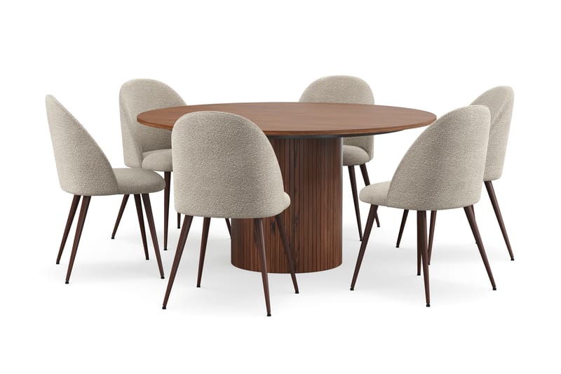 Kopparbo Pyöreä Ruokapöytä 150 cm 6 Nibe Plus Ruokatuolilla, Pähkinä / Greige Bouclé / Metallijalat Pähkinä