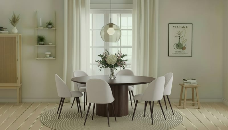 Kopparbo Pyöreä Ruokapöytä 180 cm 6 Nibe Plus Ruokatuolilla - Pähkinä / Valkoinen Bouclé / Metallijalat Pähkinä - Huonekalut - Pöytä & ruokailuryhmä - Ruokailuryhmä