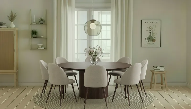 Kopparbo Pyöreä Ruokapöytä 180 cm 8 Nibe Plus Ruokatuolilla - Pähkinä / Greige Bouclé / Metallijalat Pähkinä - Huonekalut - Pöytä & ruokailuryhmä - Ruokailuryhmä