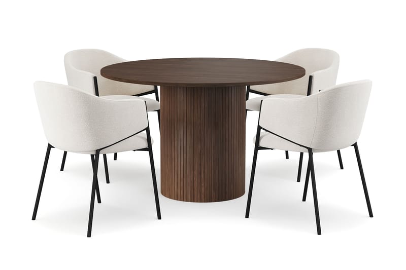 Kopparbo Pyöreä Ruokapöytä 120 cm 6 hengelle 4 Filip Ruokatuolilla, Tummanruskea / Valkoinen Bouclé