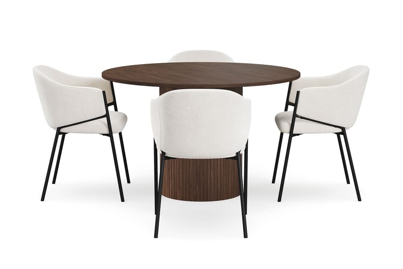 Kopparbo Pyöreä Ruokapöytä 120 cm 6 hengelle 4 Filip Ruokatuolilla - Tummanruskea / Valkoinen Bouclé - Huonekalut - Pöytä & ruokailuryhmä - Ruokailuryhmä