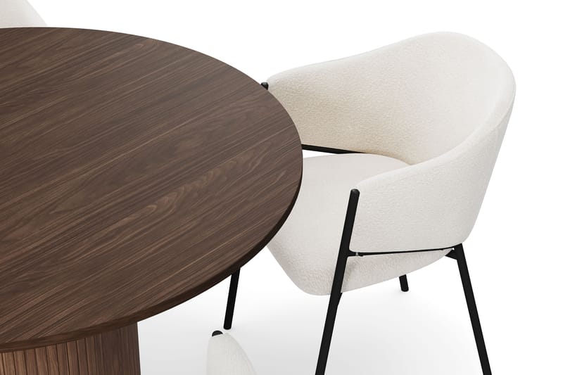 Kopparbo Pyöreä Ruokapöytä 120 cm 6 hengelle 4 Filip Ruokatuolilla - Tummanruskea / Valkoinen Bouclé - Huonekalut - Pöytä & ruokailuryhmä - Ruokailuryhmä