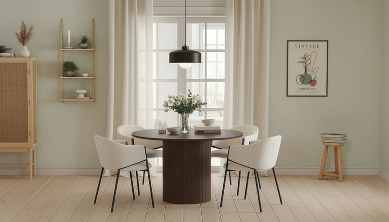 Kopparbo Pyöreä Ruokapöytä 120 cm 6 hengelle 4 Filip Ruokatuolilla - Tummanruskea / Valkoinen Bouclé - Huonekalut - Pöytä & ruokailuryhmä - Ruokailuryhmä