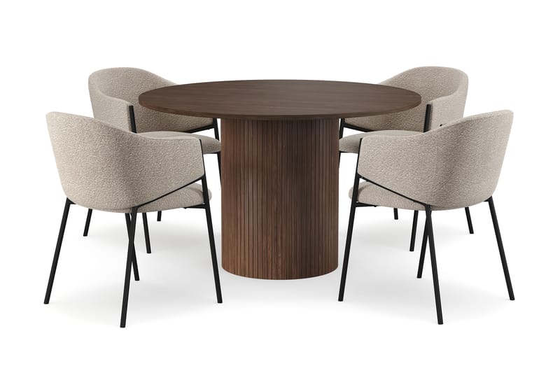 Kopparbo Pyöreä Ruokapöytä 120 cm 6 hengelle 4 Filip Ruokatuolilla, Tummanruskea / Taupe Bouclé