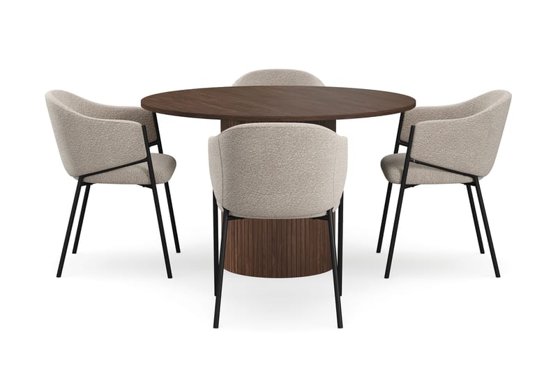 Kopparbo Pyöreä Ruokapöytä 120 cm 6 hengelle 4 Filip Ruokatuolilla - Tummanruskea / Taupe Bouclé - Huonekalut - Pöytä & ruokailuryhmä - Ruokailuryhmä