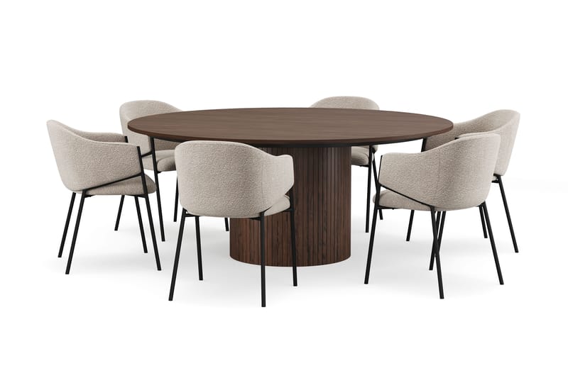 Kopparbo Pyöreä Ruokapöytä 180 cm 6 Filip Ruokatuolilla, Pähkinä / Taupe Bouclé