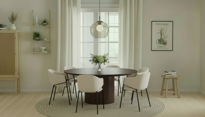 Kopparbo Pyöreä Ruokapöytä 180 cm 6 Filip Ruokatuolilla - Pähkinä / Valkoinen Bouclé - Huonekalut - Pöytä & ruokailuryhmä - Ruokailuryhmä