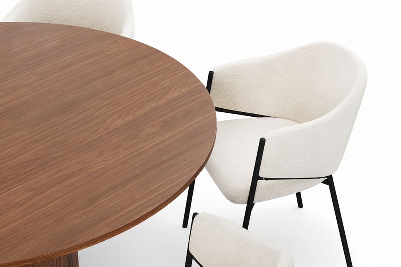 Kopparbo Pyöreä Ruokapöytä 150 cm 6 Filip Ruokatuolilla - Pähkinä / Valkoinen Bouclé - Huonekalut - Pöytä & ruokailuryhmä - Ruokailuryhmä