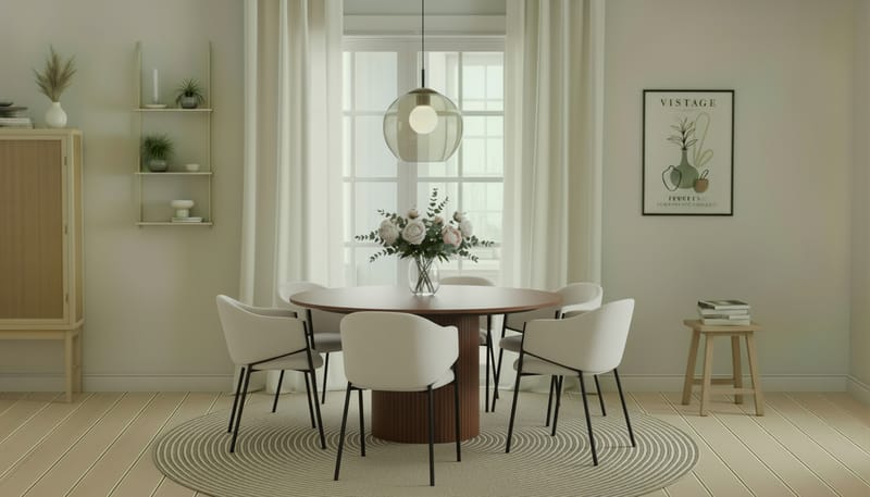 Kopparbo Pyöreä Ruokapöytä 150 cm 6 Filip Ruokatuolilla - Pähkinä / Valkoinen Bouclé - Huonekalut - Pöytä & ruokailuryhmä - Ruokailuryhmä