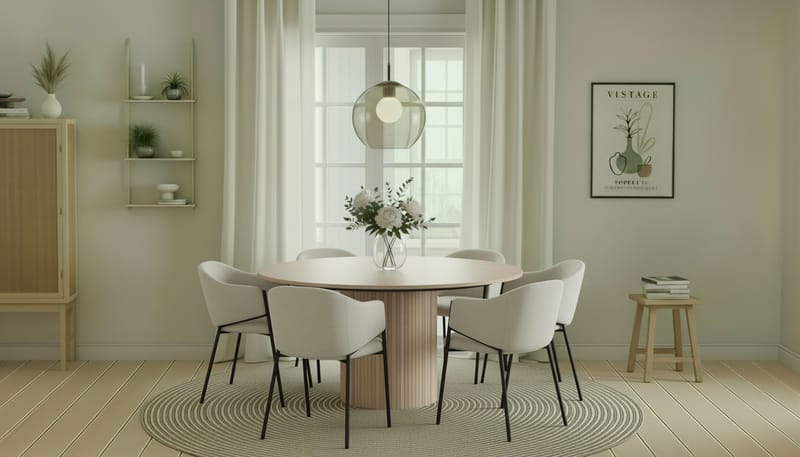 Kopparbo Pyöreä Ruokapöytä 150 cm 6 Filip Ruokatuolilla - Valkoinen / Valkoinen Bouclé - Huonekalut - Pöytä & ruokailuryhmä - Ruokailuryhmä