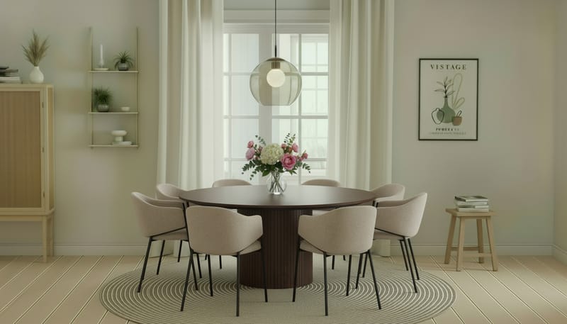 Kopparbo Pyöreä Ruokapöytä 180 cm 8 Filip Ruokatuolilla - Pähkinä / Taupe Bouclé - Huonekalut - Pöytä & ruokailuryhmä - Ruokailuryhmä