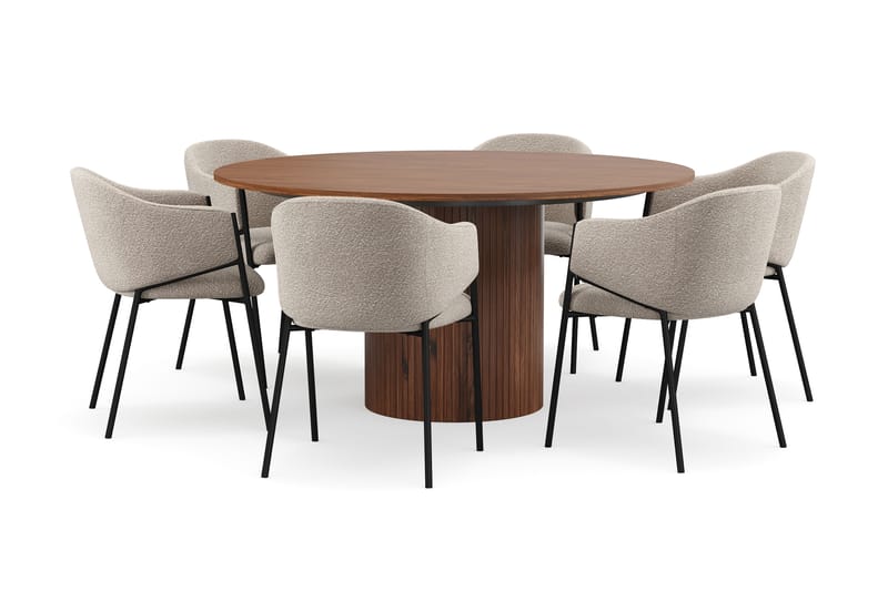 Kopparbo Pyöreä Ruokapöytä 150 cm 6 Filip Ruokatuolilla, Pähkinä / Taupe Bouclé