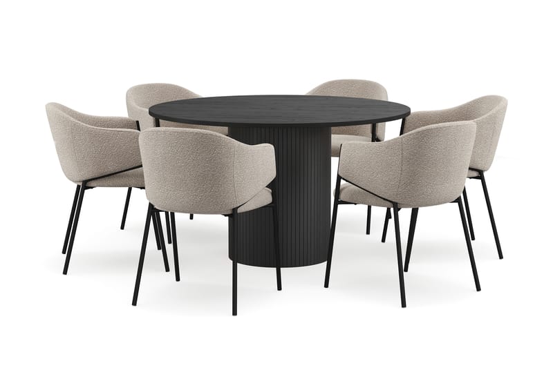Kopparbo Pyöreä Ruokapöytä 130 cm 6 Filip Ruokatuolilla, Mustapuu / Taupe Bouclé