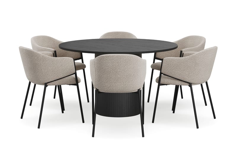 Kopparbo Pyöreä Ruokapöytä 130 cm 6 Filip Ruokatuolilla - Mustapuu / Taupe Bouclé - Huonekalut - Pöytä & ruokailuryhmä - Ruokailuryhmä