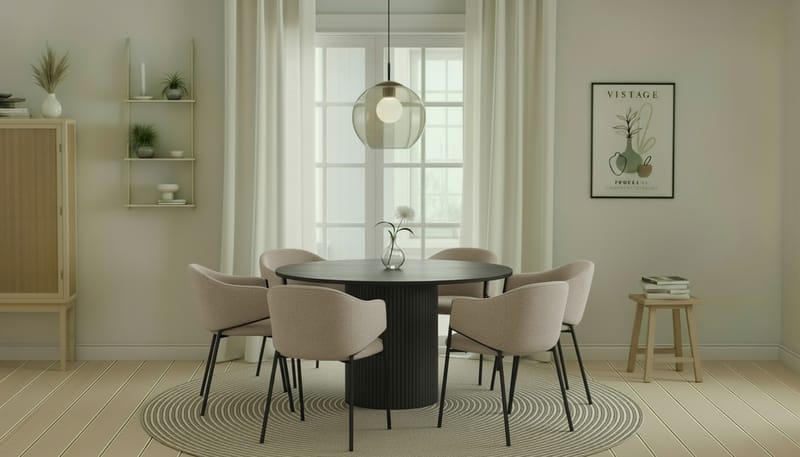 Kopparbo Pyöreä Ruokapöytä 130 cm 6 Filip Ruokatuolilla - Mustapuu / Taupe Bouclé - Huonekalut - Pöytä & ruokailuryhmä - Ruokailuryhmä