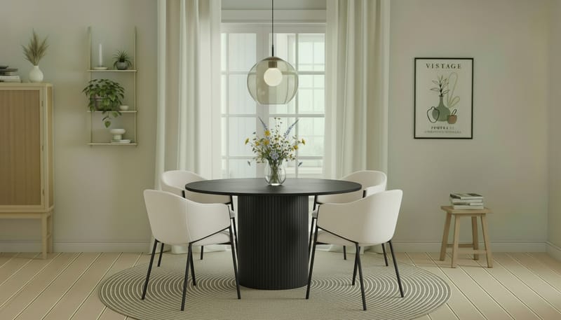 Kopparbo Pyöreä Ruokapöytä 130 cm 4 Filip Ruokatuolilla - Mustapuu / Valkoinen Bouclé - Huonekalut - Pöytä & ruokailuryhmä - Ruokailuryhmä
