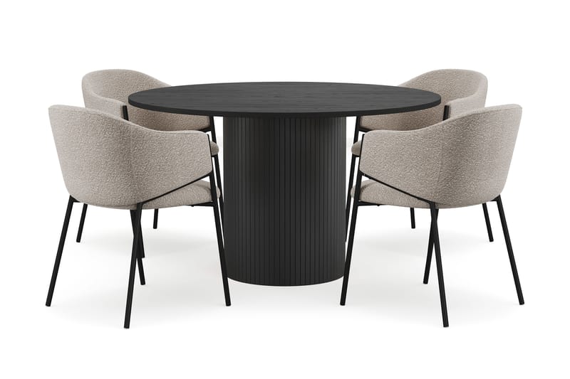Kopparbo Pyöreä Ruokapöytä 130 cm 4 Filip Ruokatuolilla, Mustapuu / Taupe Bouclé