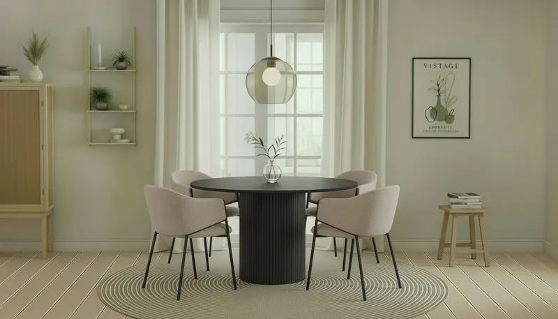 Kopparbo Pyöreä Ruokapöytä 130 cm 4 Filip Ruokatuolilla - Mustapuu / Taupe Bouclé - Huonekalut - Pöytä & ruokailuryhmä - Ruokailuryhmä