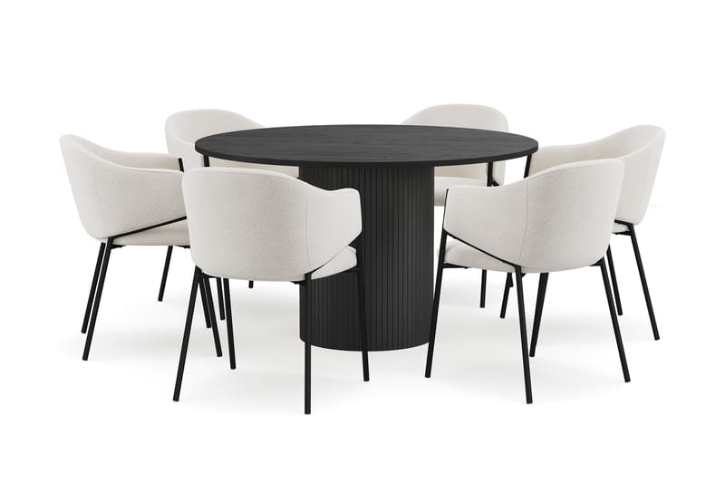 Kopparbo Pyöreä Ruokapöytä 130 cm 6 Filip Ruokatuolilla, Mustapuu / Valkoinen Bouclé
