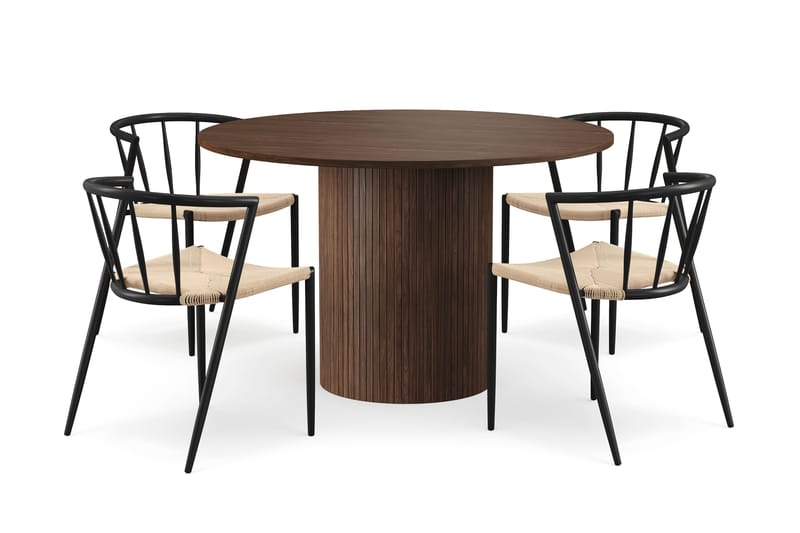 Kopparbo Pyöreä Ruokapöytä 120 cm 6 hengelle 4 Winston Ruokatuolilla, Tummanruskea / Beige / Metallijalat Musta
