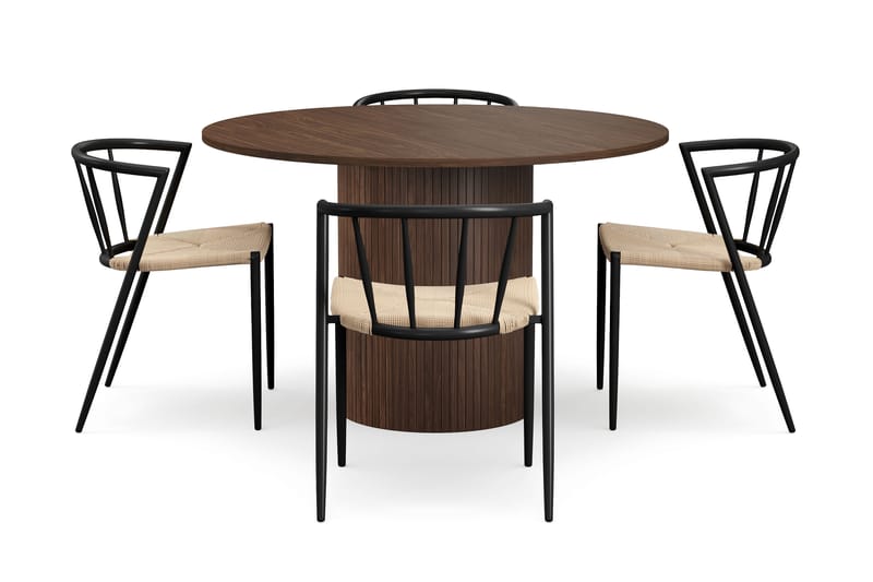 Kopparbo Pyöreä Ruokapöytä 120 cm 6 hengelle 4 Winston Ruokatuolilla - Tummanruskea / Beige / Metallijalat Musta - Huonekalut - Pöytä & ruokailuryhmä - Ruokailuryhmä