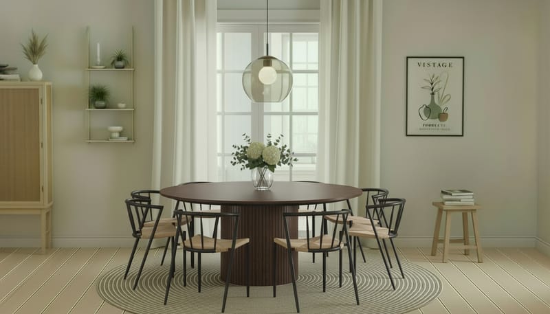 Kopparbo Pyöreä Ruokapöytä 180 cm 8 Winston Ruokatuolilla - Pähkinä / Beige / Metallijalat Musta - Huonekalut - Pöytä & ruokailuryhmä - Ruokailuryhmä